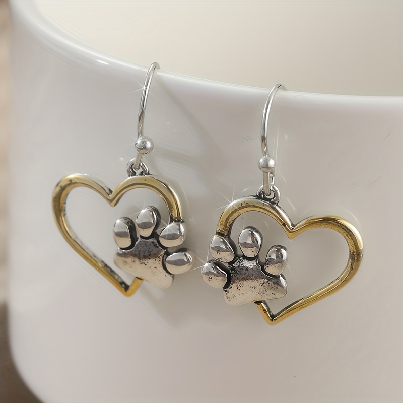 Two Tone Heart-shaped Paw Print Earrings, Copper Anti-Allergy